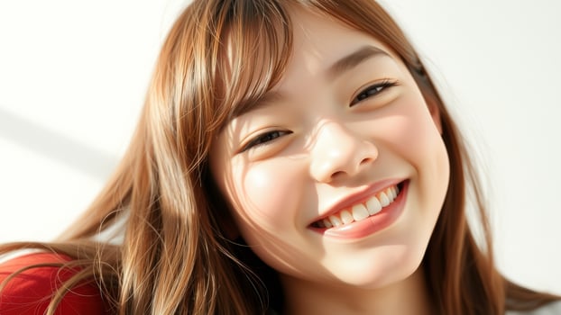 Close-up of a beautiful young woman smiling, her hair flowing in the wind photo
