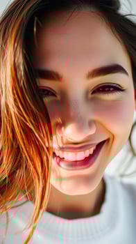 Close-up portrait of a smiling woman with long brown hair photo