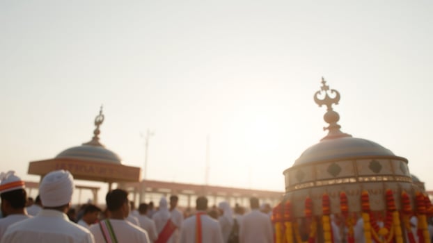 Blurred image of a religious procession with a bright sun behind photo