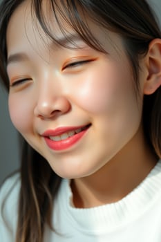 Portrait of a Smiling Young Woman with Closed Eyes photo