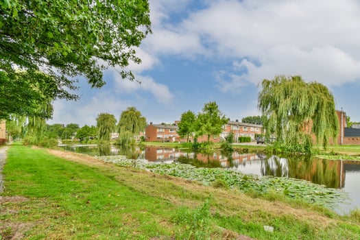 A canal with a few houses and trees photo