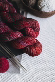 Skeins and balls of wool yarn for hand knitting in a basket. Concept for handmade. photo