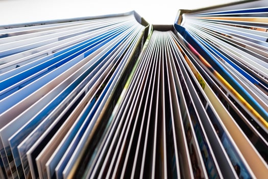The spines of photo books. The view from the top