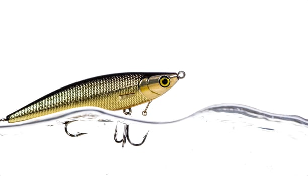 Gold Fishing Lure with Triple Hooks Emerges from Water photo