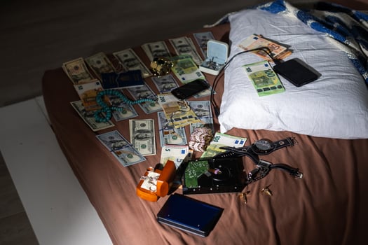 Evidence bag next to dollar banknotes in a crime investigation unit, concept image photo
