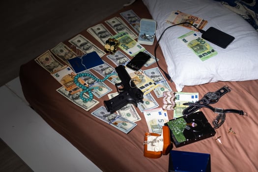 Euro bills and passports in criminal investigation unit, conceptual image photo