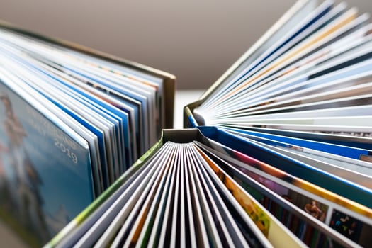 The spines of photo books. The view from the top