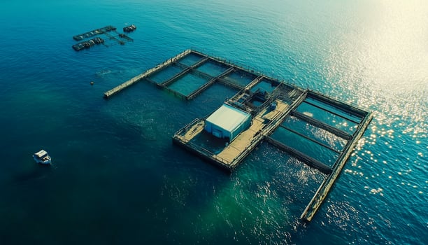 Fish farming ponds in the sea water ocean blue aerial view photo