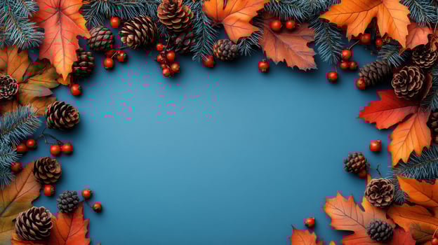 Autumn Frame with Pine Cones, Red Berries, and Colorful Leaves on Blue Background photo