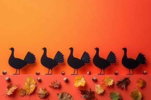 Silhouette of Turkeys with Autumn Leaves and Acorns on Vibrant Orange Background for Thanksgiving and Fall Season photo