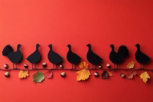 Silhouette of Birds on Branch with Autumn Leaves and Acorns on Vibrant Red Background photo