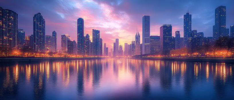 Stunning Urban Skyline at Dusk with Reflective Water and Vibrant Sunset Colors photo