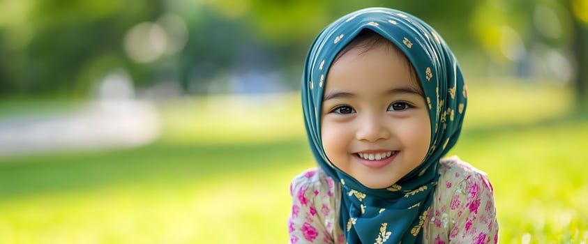 Young Muslim girl wearing a hijab smiles brightly in a park. photo