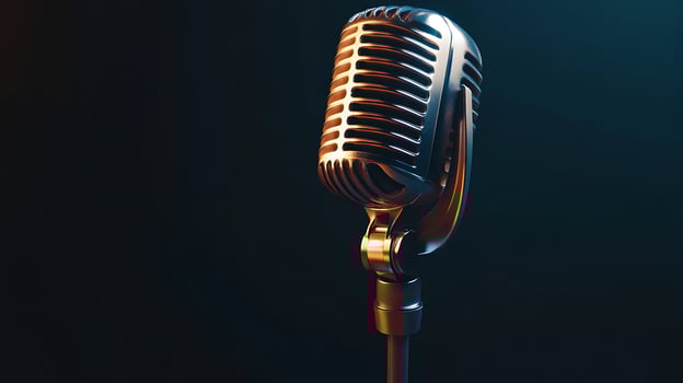 Vintage microphone on stand with dark background. photo