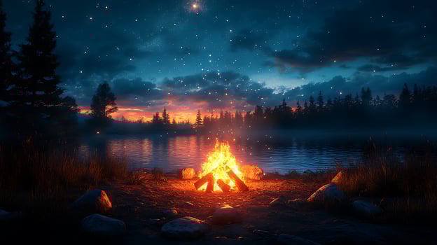 A bonfire burns brightly on a lakeshore under a starry night sky. photo