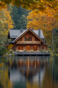 Wooden house in autumn forest on the shore of the lake. photo