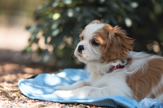 Cavalier puppy resting in the shade, enjoying a cool breeze photo
