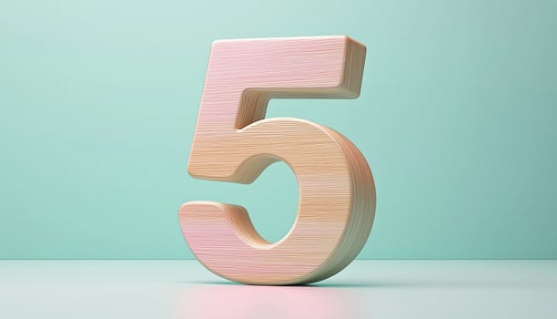 Shape number 5 made from pieces wooden textured in pastel background photo