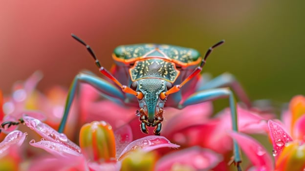 A colorful beetle resting on a pink flower with drops of dew, photo