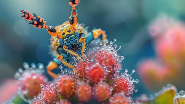A vibrant bee buzzing through a snowy environment, photo