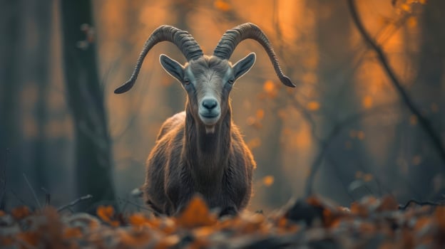 A mountain goat stands amidst fall leaves in a wooded area. photo