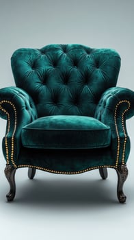 Elegant green velvet armchair with gold details on white background photo