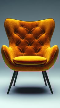 Modern yellow chair with wooden legs standing on white background photo