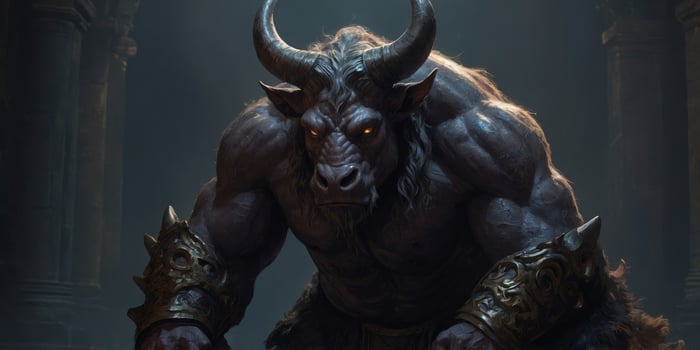 In a dimly lit chamber, the radiant gothic minotaur stands stoically, its imposing form bathed in a soft, ethereal light. photo