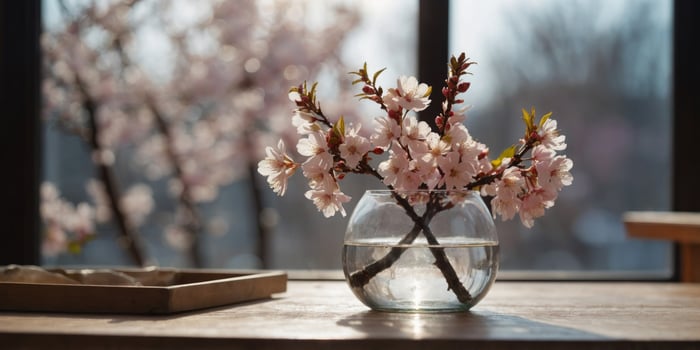 Cherry blossoms in glass vase near sunlit window. photo