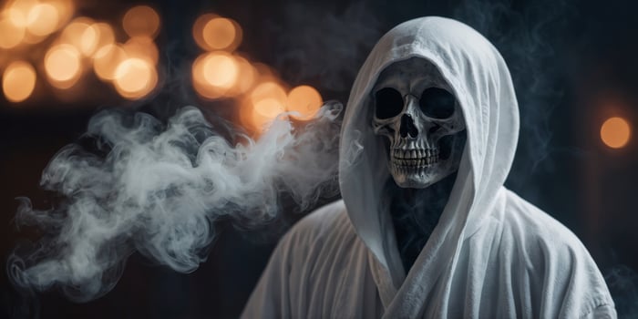 A ghostly figure in a white robe with smoke coming out of it's mouth. photo