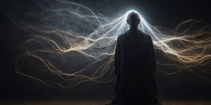 In the eerie stillness of a long exposure photograph, a specter-like figure crackles with electric energy, its translucent form hauntingly illuminated against a dark backdrop. photo