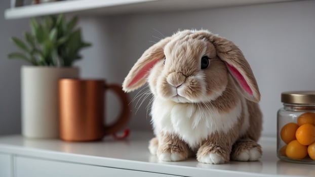 Plush bunny rabbit with long ears sits on white shelf. photo