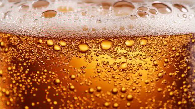Close up view of a rich amber Oktoberfest beer with intricate foam details bubbles sparkling in warm festive light photo