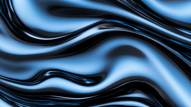 Magnified view of swirling liquid waves in black ink with streaks of iridescent blue photo