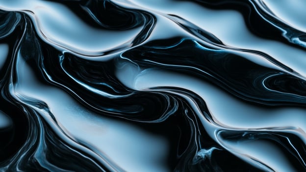 Magnified view of swirling liquid waves in black ink with streaks of iridescent blue photo