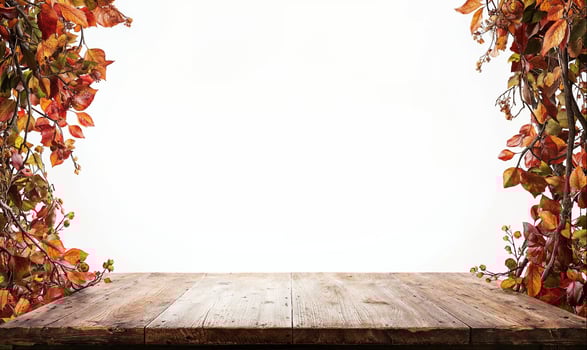 Autumn background concept, empty rustic wooden table with tree branches, isolated on white background photo