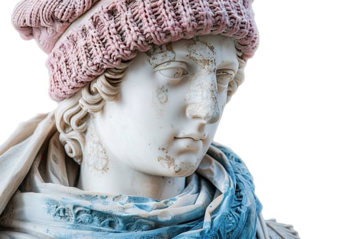 closeup statue of man wearing cozy knitted pink hat and blue scarf isolated on white background photo