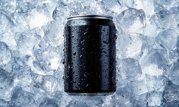 Blank black aluminum can, crushed ice background with copy space photo
