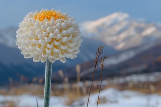 Winter Bloom in Mountain Landscape - Frosted Dahlia Against Snowy Peaks Photography photo