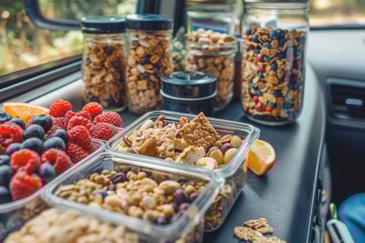 A car with food in containers on the dashboard photo