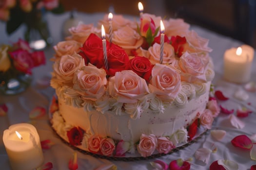 Festive Cake with Roses and Candles for a Celebration photo