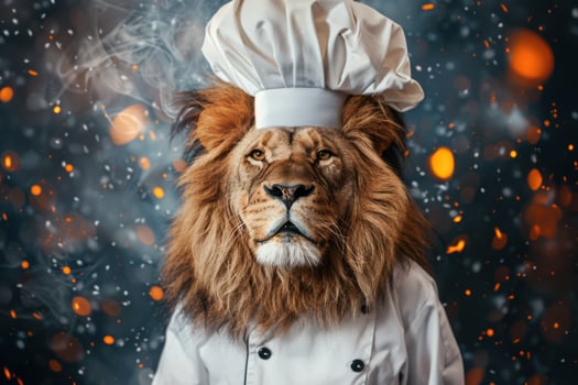 Adorable Lion in Chef Costume Smiling for the Camera photo