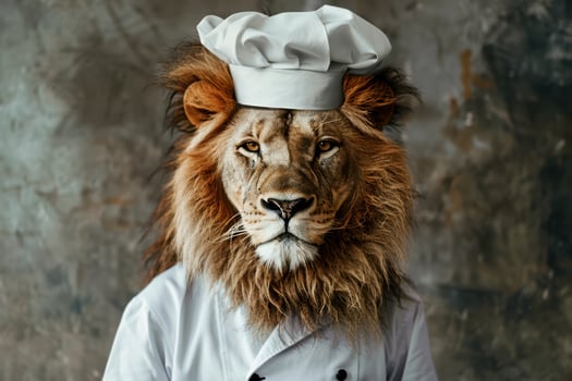 Adorable Lion in Chef Costume Smiling for the Camera photo