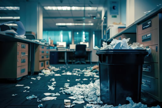 Office Corner with a Full Trash Can photo