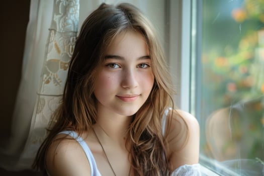 Young Female Teenager with a Perfect Face Sitting Near photo