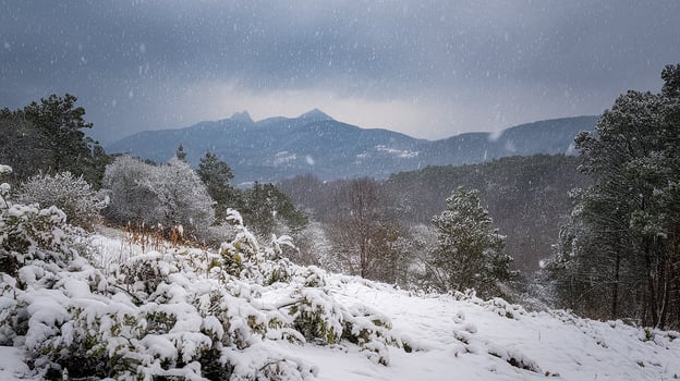 Heavy snowfall blanketing a mountain landscape photo