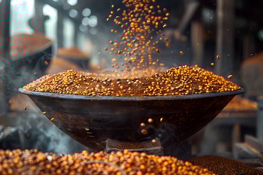 Traditional Coffee Roasting Process in Rustic Setting - Steaming Coffee Beans photo