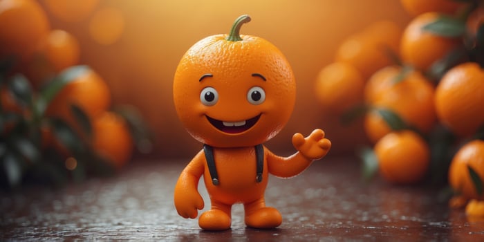Cheerful orange character with a smile on vibrant orange background. photo