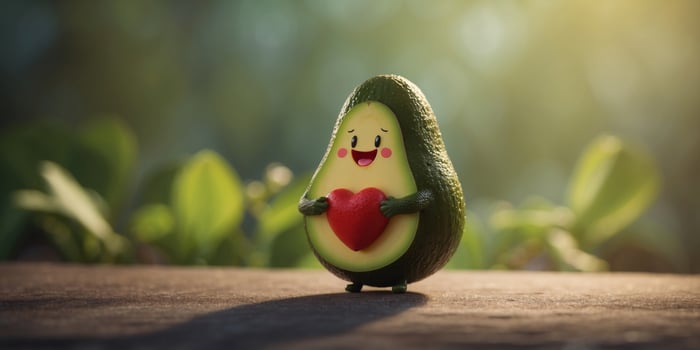 Cute avocado character holding a heart, representing love and healthy eating concepts in a playful style. photo