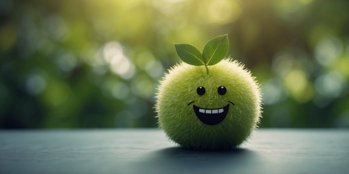 A green fuzzy fruit with a leaf on top The fruit is smiling and has a happy expression. photo